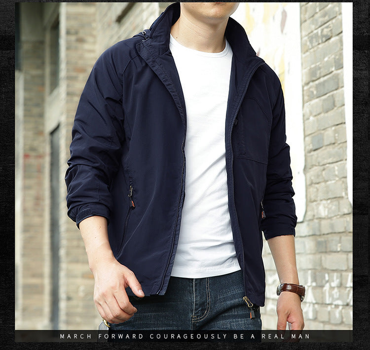 Men's Simple Style Outdoor Jacket With Zipper Placket In Solid Color, Made Of Durable Nylon Fabric