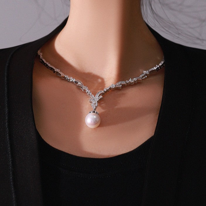 Freshwater Pearl Y-Necklace Lariat Necklace For Women With Electroplated Silver Plated Beaded Chain