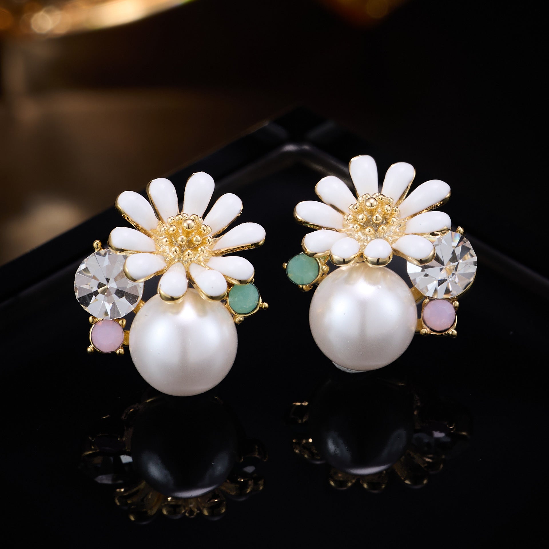 Daisy Enamel Stud Earrings For Women With Copper Base And Zircon Inlay, Featuring 925 Sterling Silver Posts