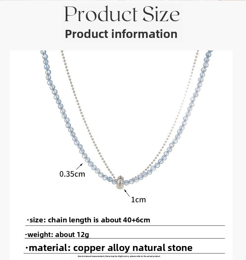 Blue Double Layer Necklace For Women With Beading Craft And Natural Stone Pendant Featuring Printing Pattern