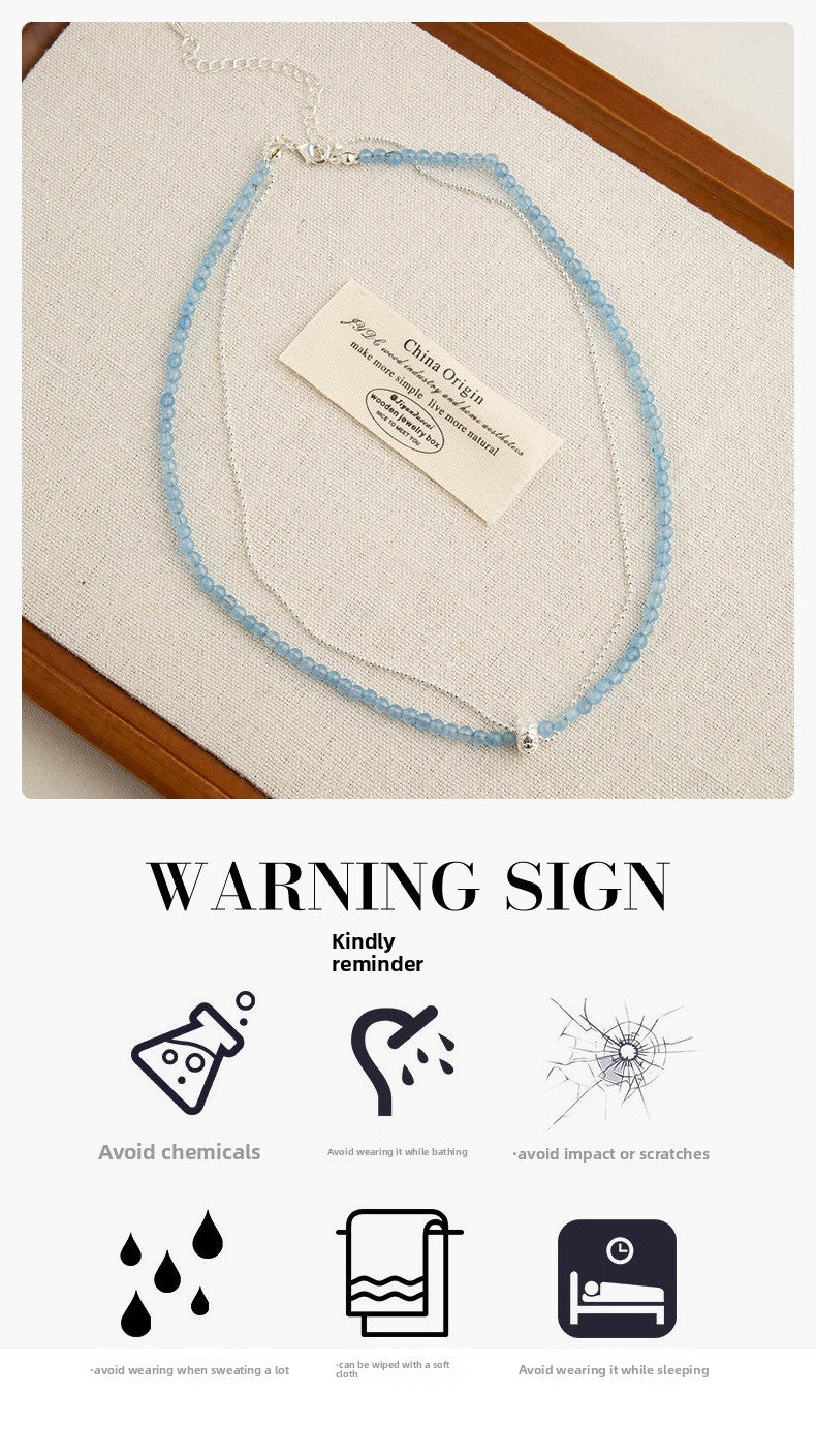 Blue Double Layer Necklace For Women With Beading Craft And Natural Stone Pendant Featuring Printing Pattern
