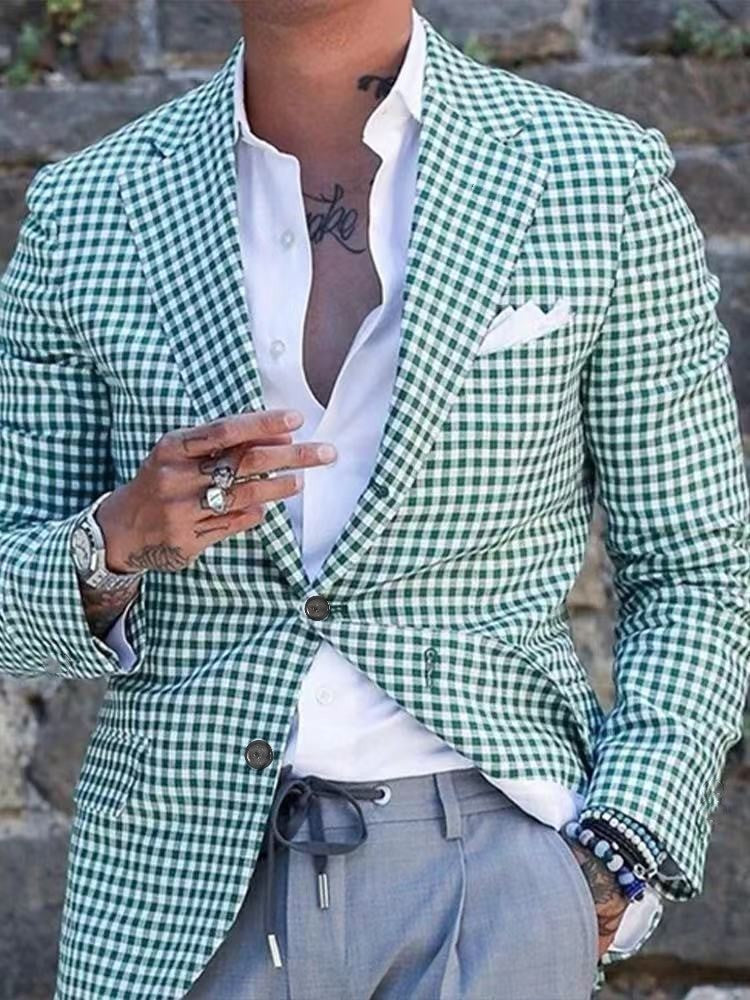 Men's Casual Plaid Blazer With Single Breasted Placket In Polyester Fabric Featuring Printing Craftsmanship