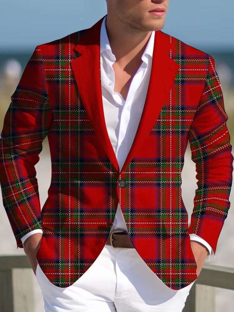 Men's Casual Plaid Blazer With Single Breasted Placket In Polyester Fabric Featuring Printing Craftsmanship