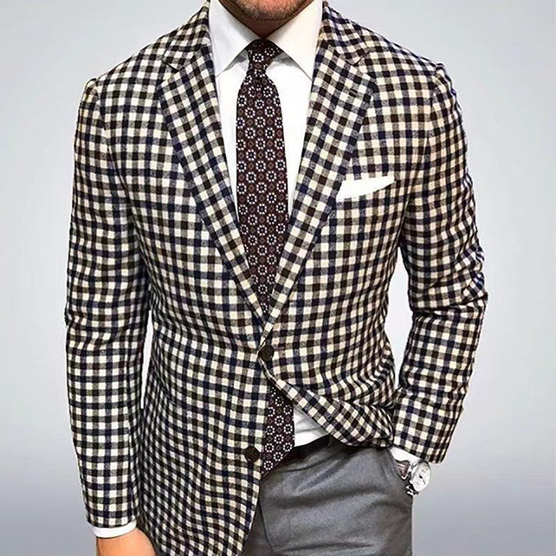 Men's Casual Plaid Blazer With Single Breasted Placket In Polyester Fabric Featuring Printing Craftsmanship