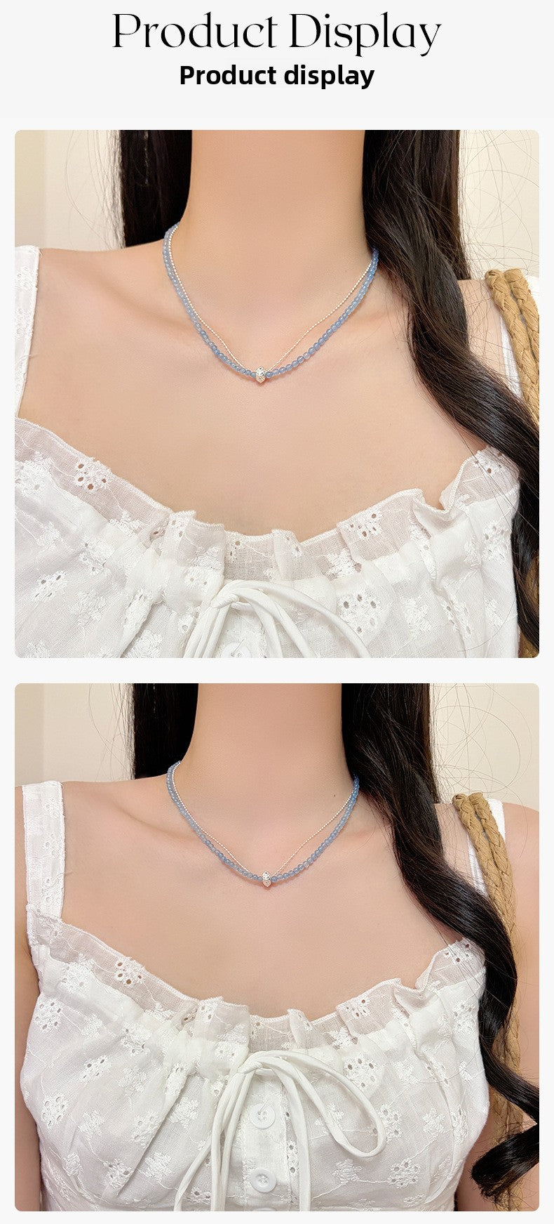 Blue Double Layer Necklace For Women With Beading Craft And Natural Stone Pendant Featuring Printing Pattern