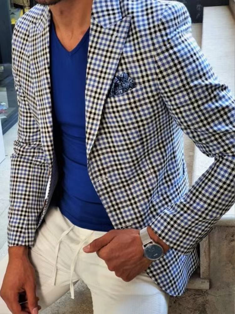 Men's Casual Plaid Blazer With Single Breasted Placket In Polyester Fabric Featuring Printing Craftsmanship