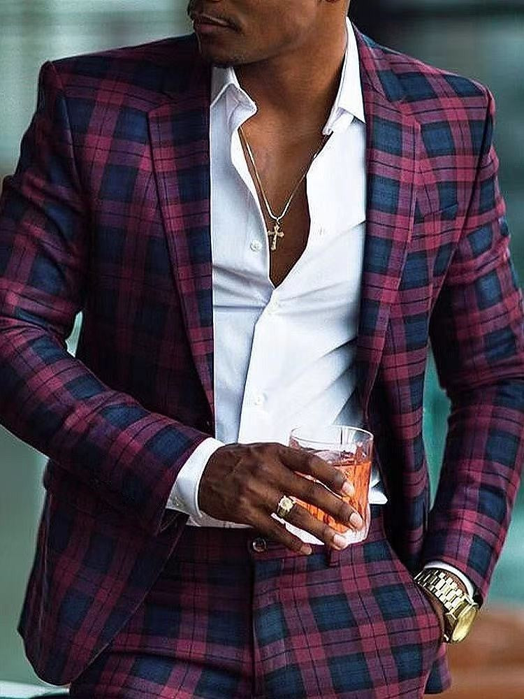 Men's Casual Plaid Blazer With Single Breasted Placket In Polyester Fabric Featuring Printing Craftsmanship