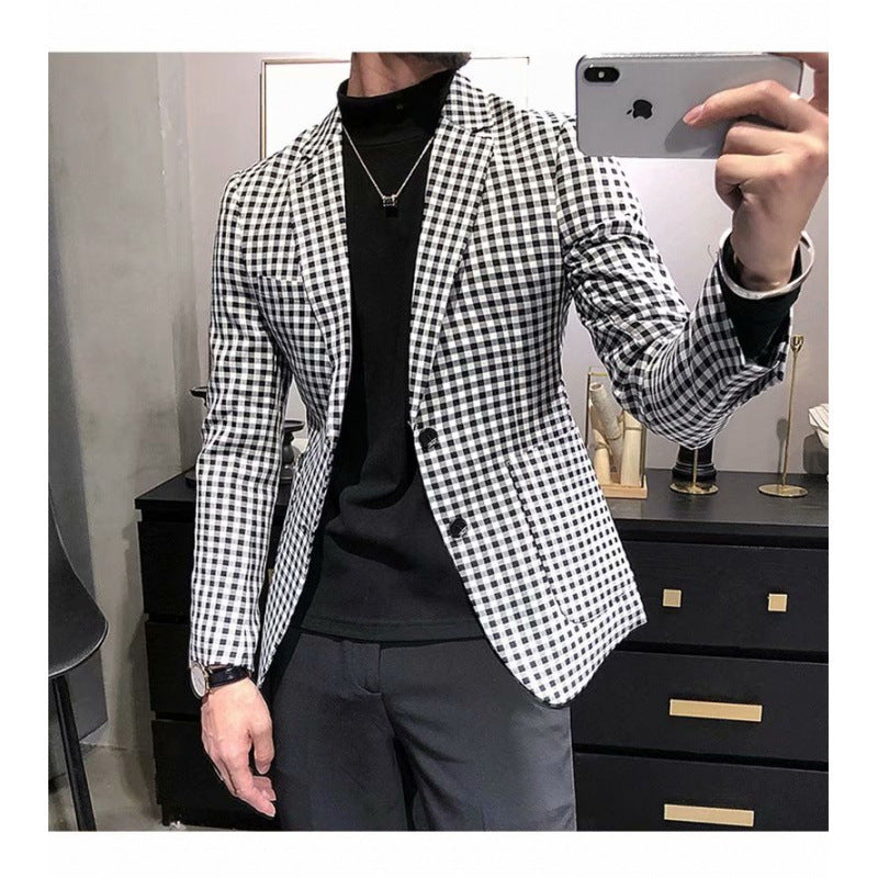 Men's Casual Plaid Blazer With Single Breasted Placket In Polyester Fabric Featuring Printing Craftsmanship
