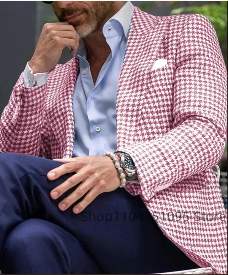 Men's Casual Plaid Blazer With Single Breasted Placket In Polyester Fabric Featuring Printing Craftsmanship