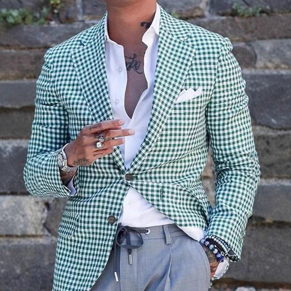 Men's Casual Plaid Blazer With Single Breasted Placket In Polyester Fabric Featuring Printing Craftsmanship