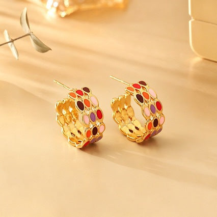 Color Block Enamel Stud Earrings In Copper With 925 Sterling Silver Posts, Retro Style For Women
