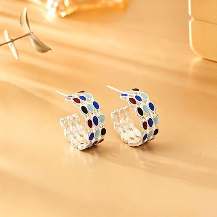 Color Block Enamel Stud Earrings In Copper With 925 Sterling Silver Posts, Retro Style For Women