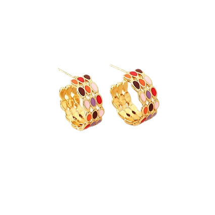 Color Block Enamel Stud Earrings In Copper With 925 Sterling Silver Posts, Retro Style For Women