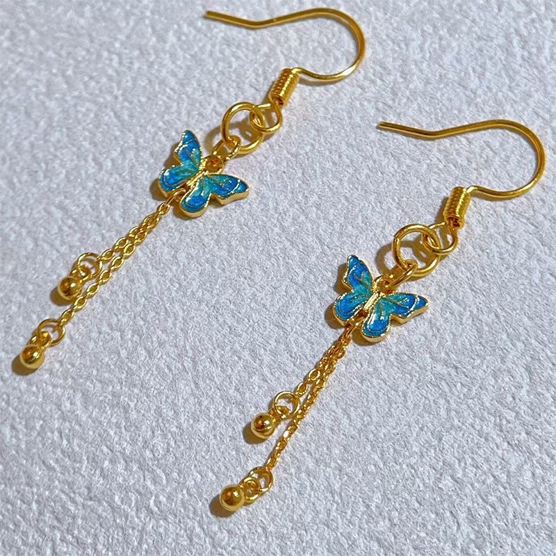Butterfly Enamel Ear Hook Earrings In Blue Copper With 24K Real Gold Plated Finish For Women