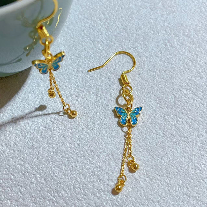 Butterfly Enamel Ear Hook Earrings In Blue Copper With 24K Real Gold Plated Finish For Women