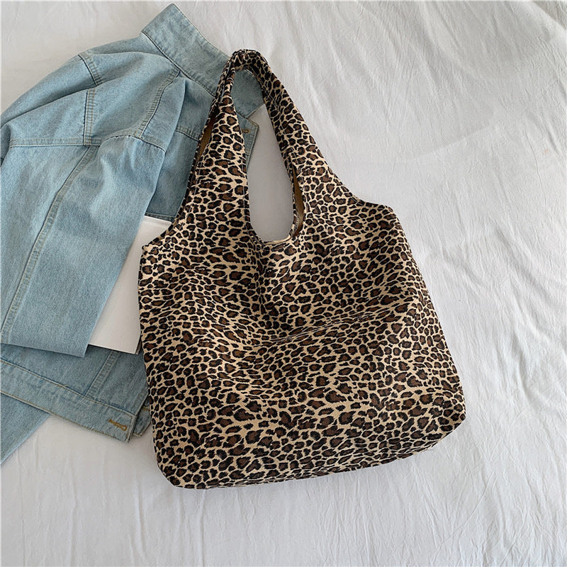 Leopard Print Square Canvas Tote Bag With Sewing Thread Detail, Top Handle, Perfect For Summer