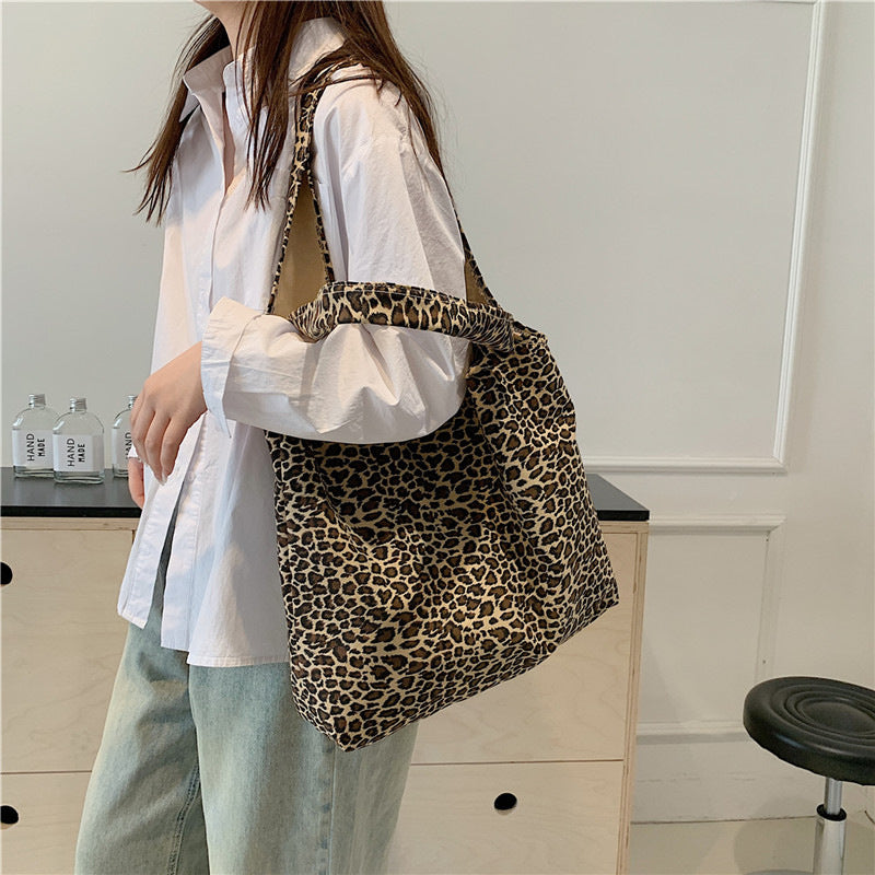 Leopard Print Square Canvas Tote Bag With Sewing Thread Detail, Top Handle, Perfect For Summer