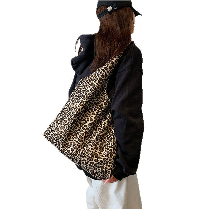 Leopard Print Square Canvas Tote Bag With Sewing Thread Detail, Top Handle, Perfect For Summer