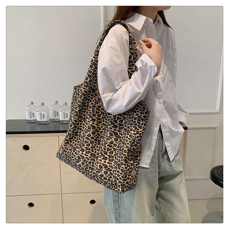 Leopard Print Square Canvas Tote Bag With Sewing Thread Detail, Top Handle, Perfect For Summer