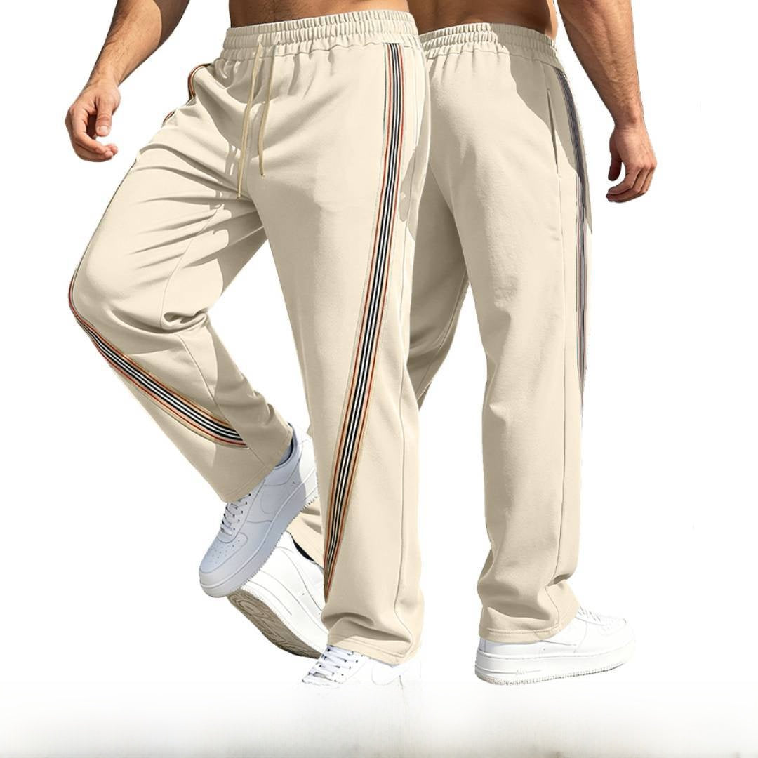Men's Casual Stripe Straight Full Length Pants In Polyester Fabric With Splicing Craft