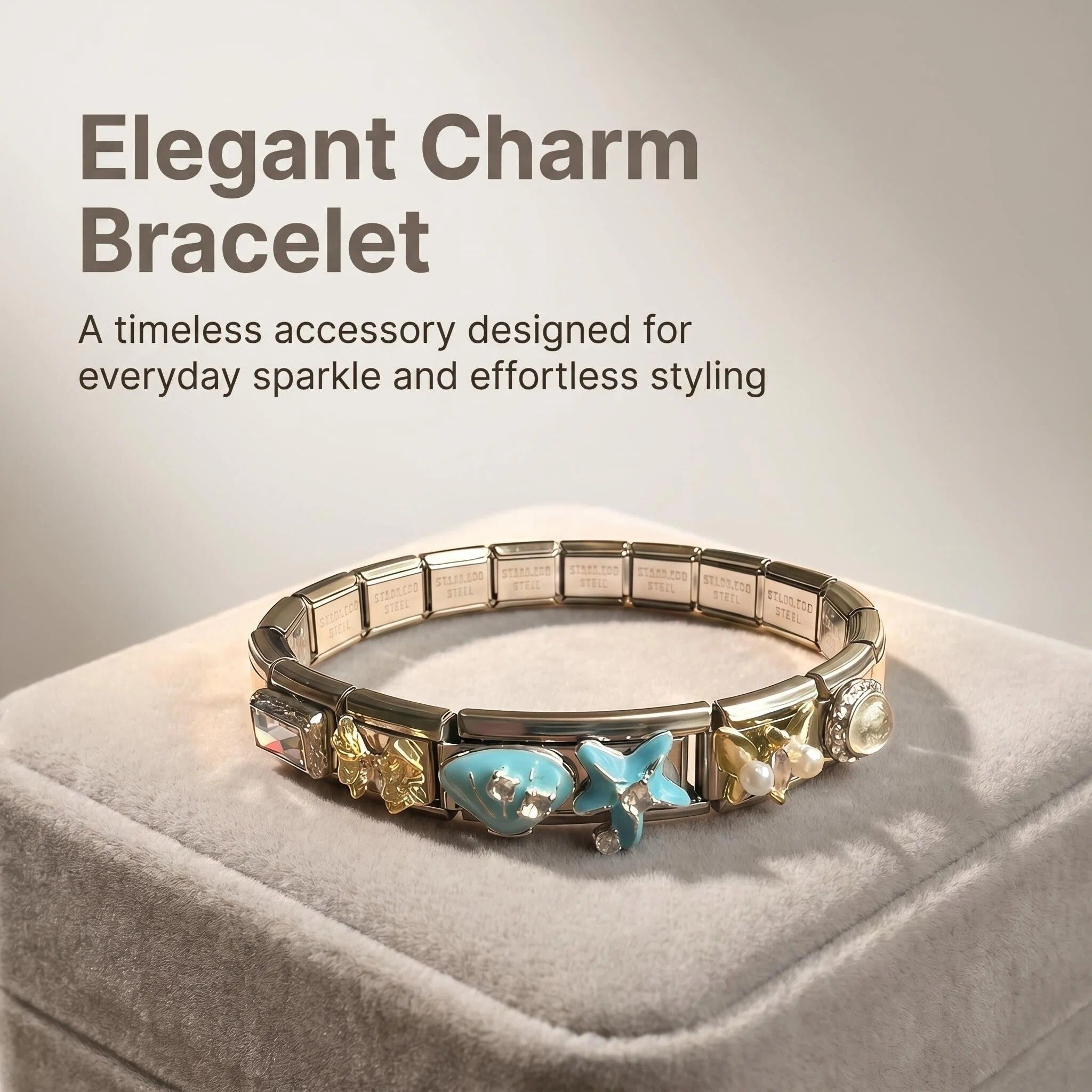 Italian Charm Bracelets With Asymmetrical Butterfly Design In  Stainless Steel, Sweet Style For Women