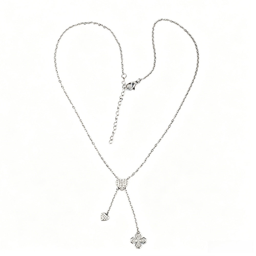 Heart Shape Pendant Necklace With Zircon Inlay On 304 Stainless Steel Slider Chain With Heart Clasp Closure