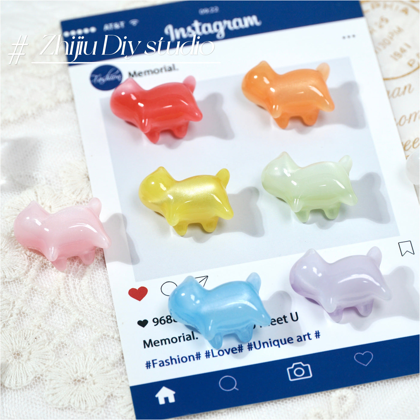 Cute Multicolor Cat Resin Beads For Jewelry Making Featuring Carving Craftsmanship