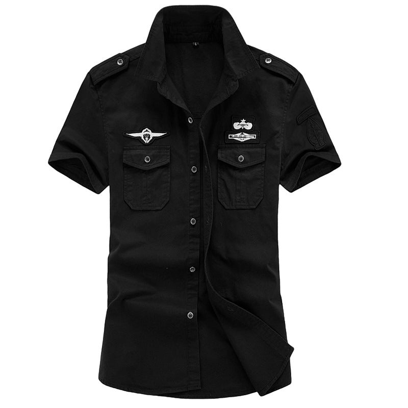 Solid Color Casual Short Sleeve Blouse In Cotton With Embroidery For Men