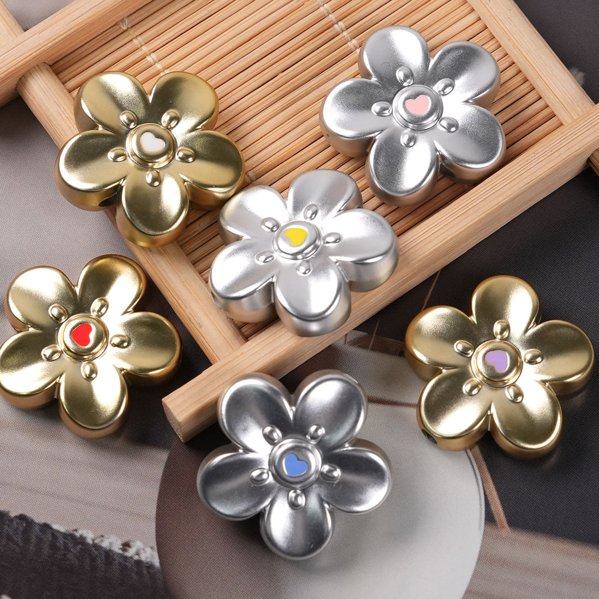 Gold Electroplated Plastic Flower Beads For Jewelry Making With Hole Size 2~2.9mm