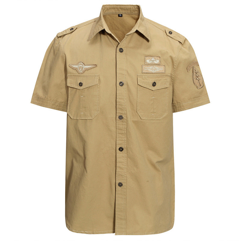 Solid Color Casual Short Sleeve Blouse In Cotton With Embroidery For Men