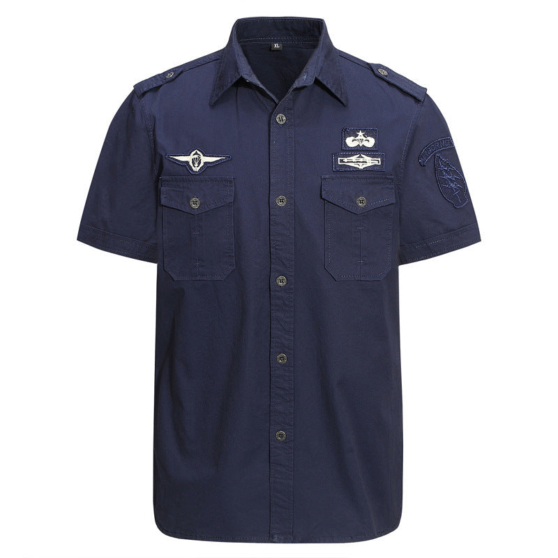 Solid Color Casual Short Sleeve Blouse In Cotton With Embroidery For Men
