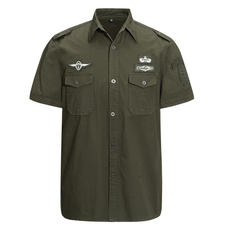 Solid Color Casual Short Sleeve Blouse In Cotton With Embroidery For Men