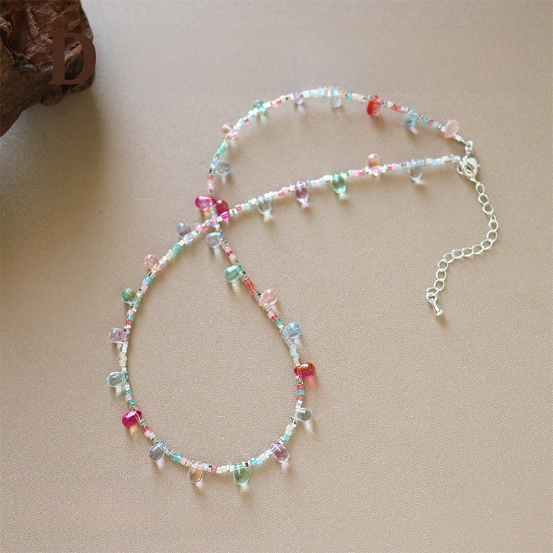 Sweet Geometric Beaded Chain Necklace For Women Featuring Mixed Materials And Seed Bead Inlay
