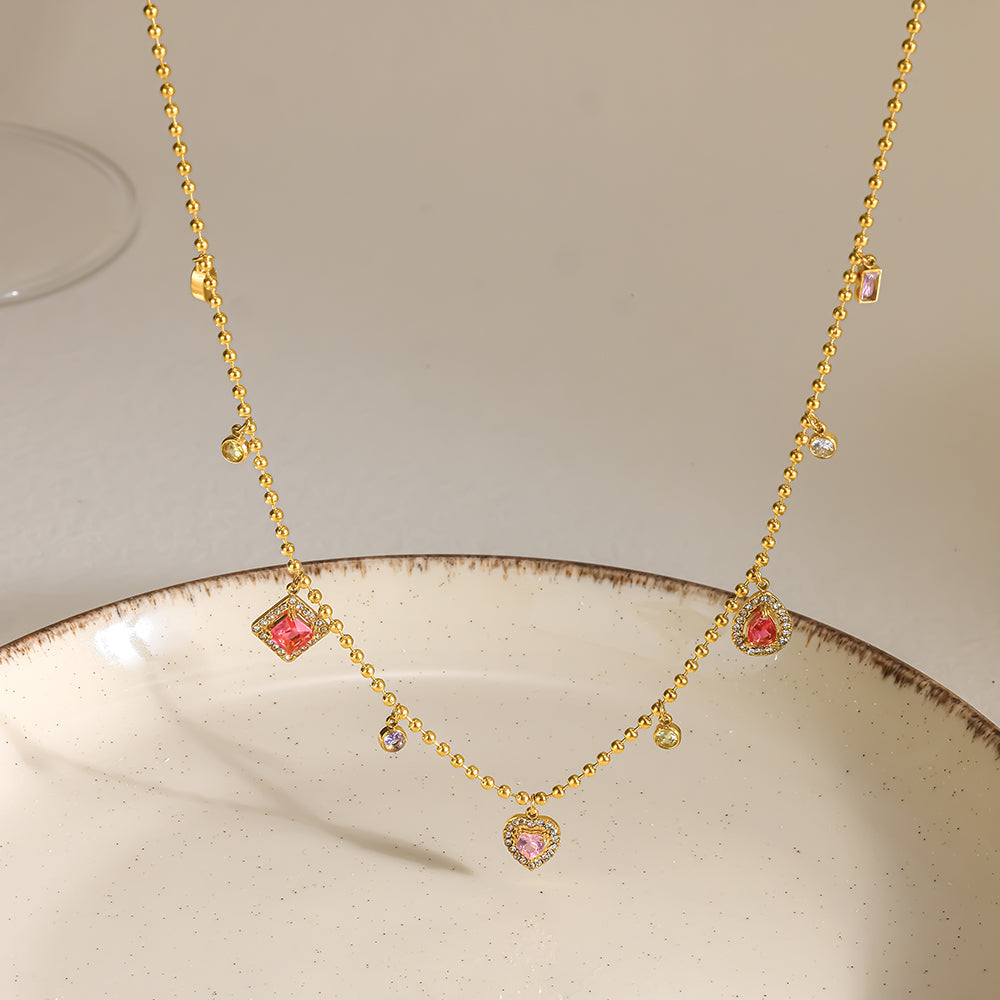Geometric Electroplated Necklace For Women In 304 Stainless Steel With 18K Real Gold PVD Coating And Zircon Inlay On Ball Chain