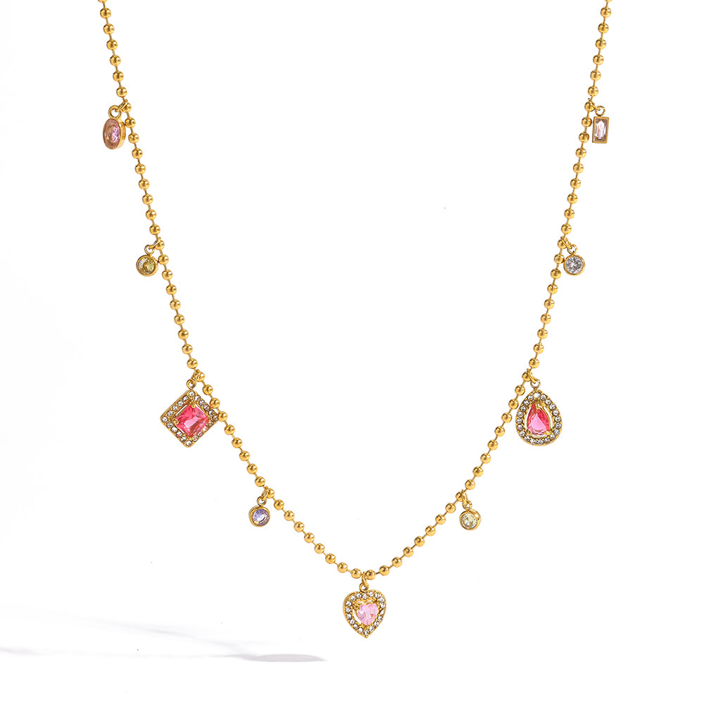 Geometric Electroplated Necklace For Women In 304 Stainless Steel With 18K Real Gold PVD Coating And Zircon Inlay On Ball Chain