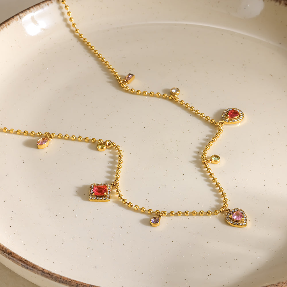 Geometric Electroplated Necklace For Women In 304 Stainless Steel With 18K Real Gold PVD Coating And Zircon Inlay On Ball Chain