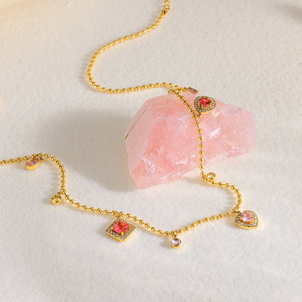 Geometric Electroplated Necklace For Women In 304 Stainless Steel With 18K Real Gold PVD Coating And Zircon Inlay On Ball Chain