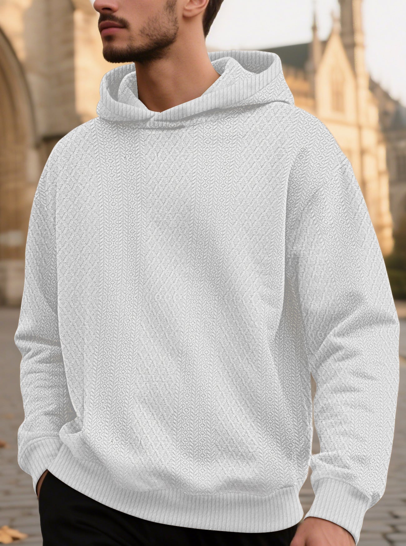 Men's Solid Color White Long Sleeve Casual Hoodie In Polyester Fabric