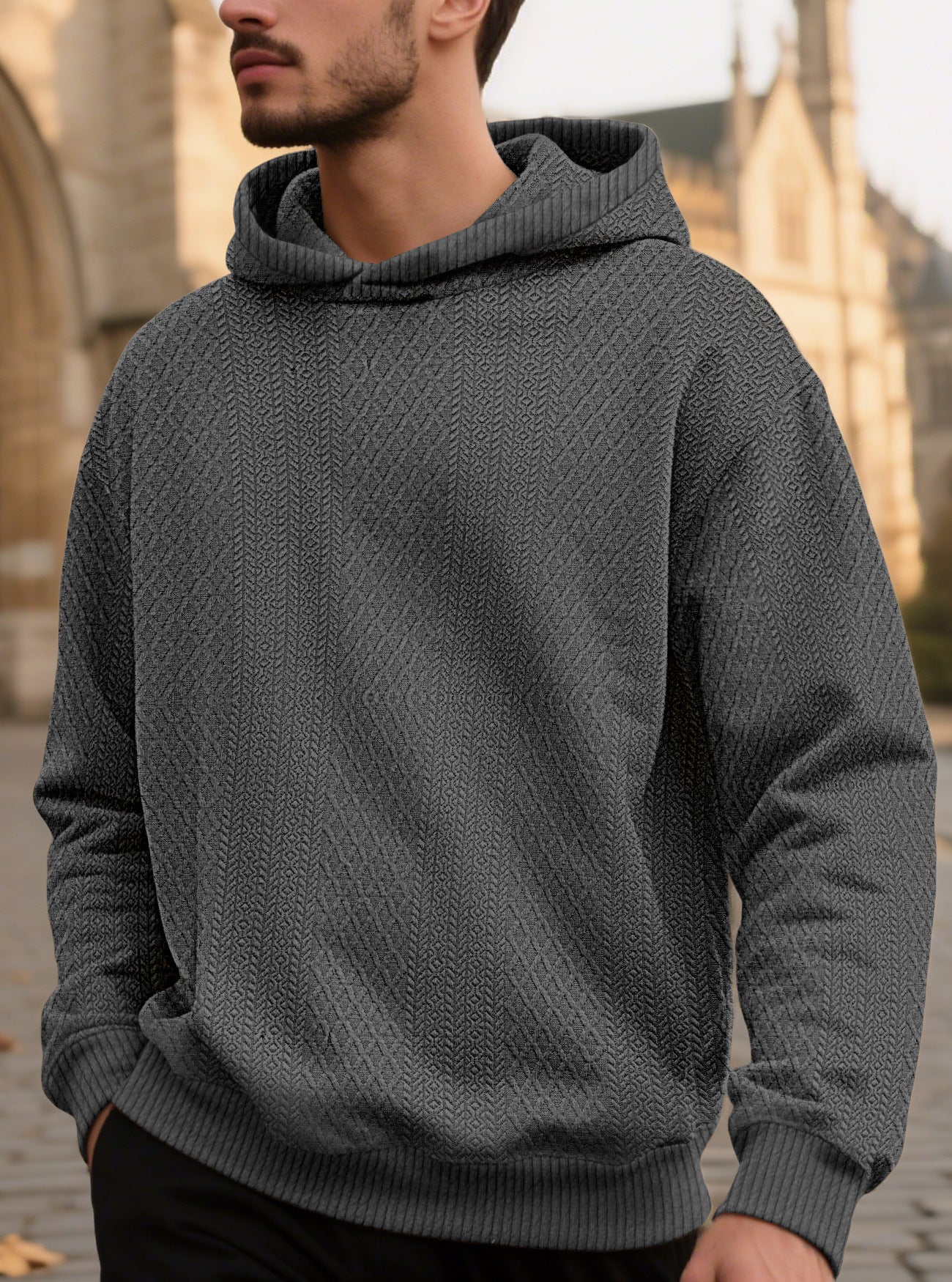 Men's Solid Color White Long Sleeve Casual Hoodie In Polyester Fabric
