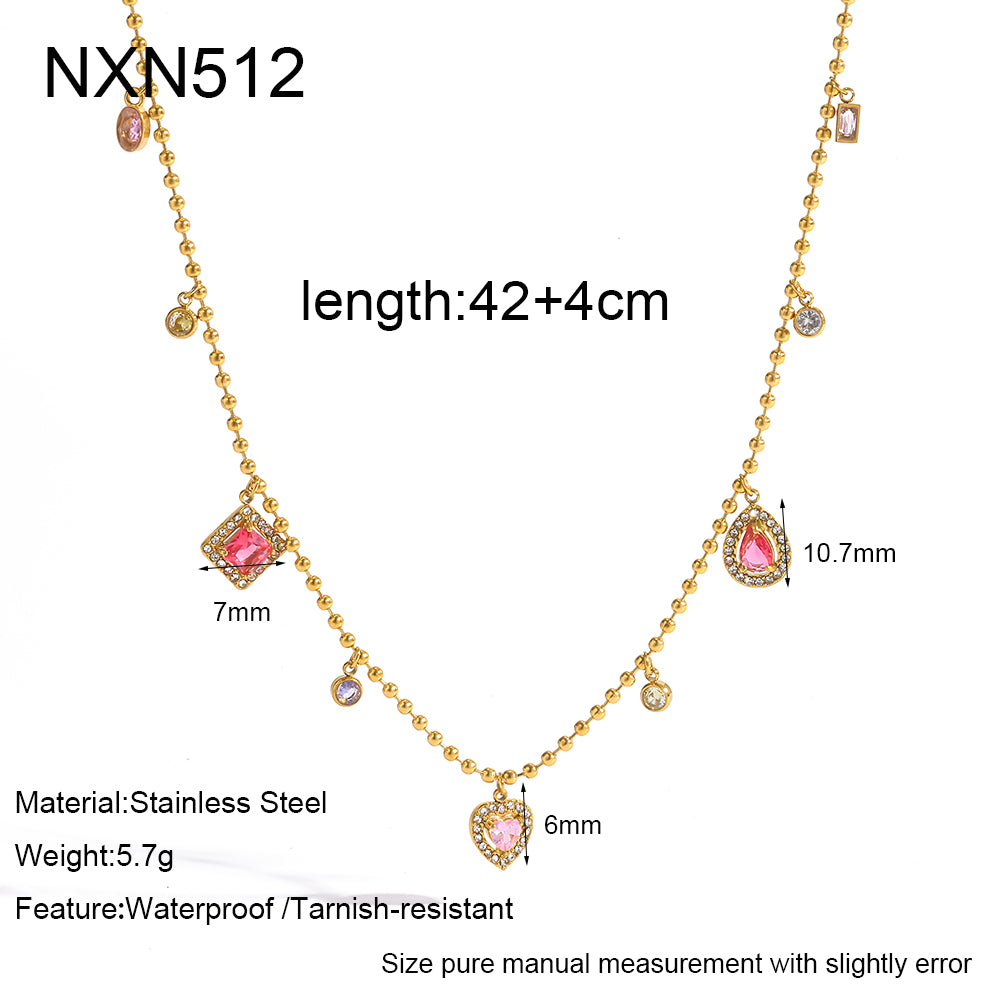 Geometric Electroplated Necklace For Women In 304 Stainless Steel With 18K Real Gold PVD Coating And Zircon Inlay On Ball Chain