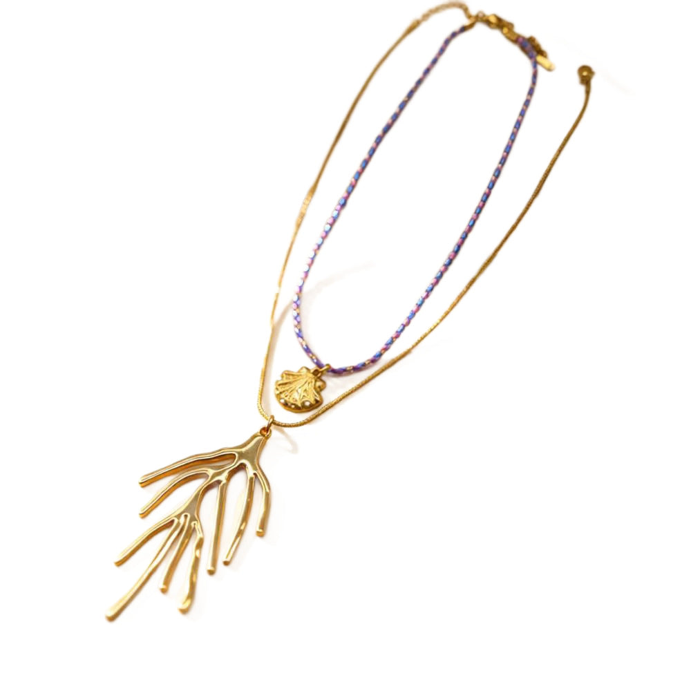 Ocean Pendant Necklace In Marine Style For Women, 18K Real Gold Plated 304 Stainless Steel With Woven Chain