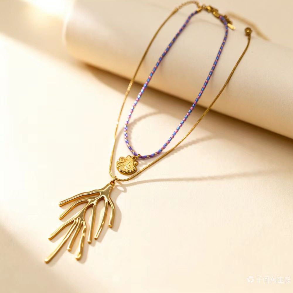 Ocean Pendant Necklace In Marine Style For Women, 18K Real Gold Plated 304 Stainless Steel With Woven Chain