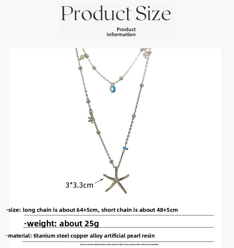 Starfish Double Layer Necklace In Marine Style With Blue Rhinestones, Titanium Steel Pendant Material For Women