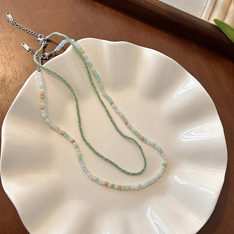 Daisy Double Layer Necklaces For Women With Beading Craft And Beaded Chain In Colour, Pastoral Style