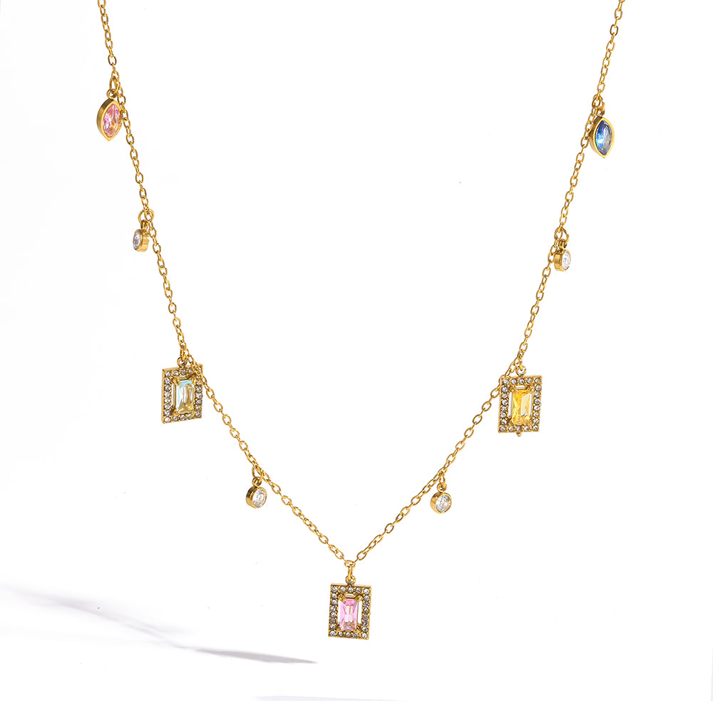 Sweet Geometric Necklace For Women In 304 Stainless Steel With 18K Gold Plated PVD, Zircon Inlay, Cable Chain