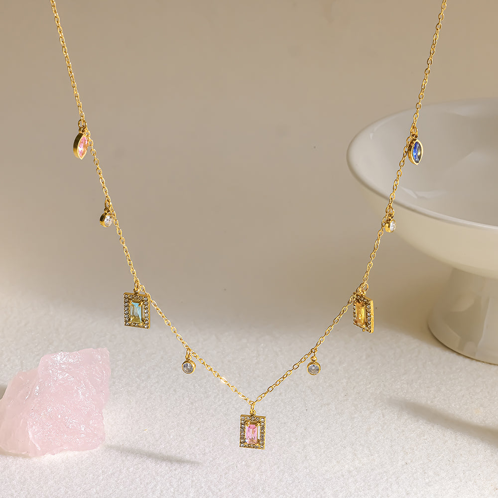 Sweet Geometric Necklace For Women In 304 Stainless Steel With 18K Gold Plated PVD, Zircon Inlay, Cable Chain