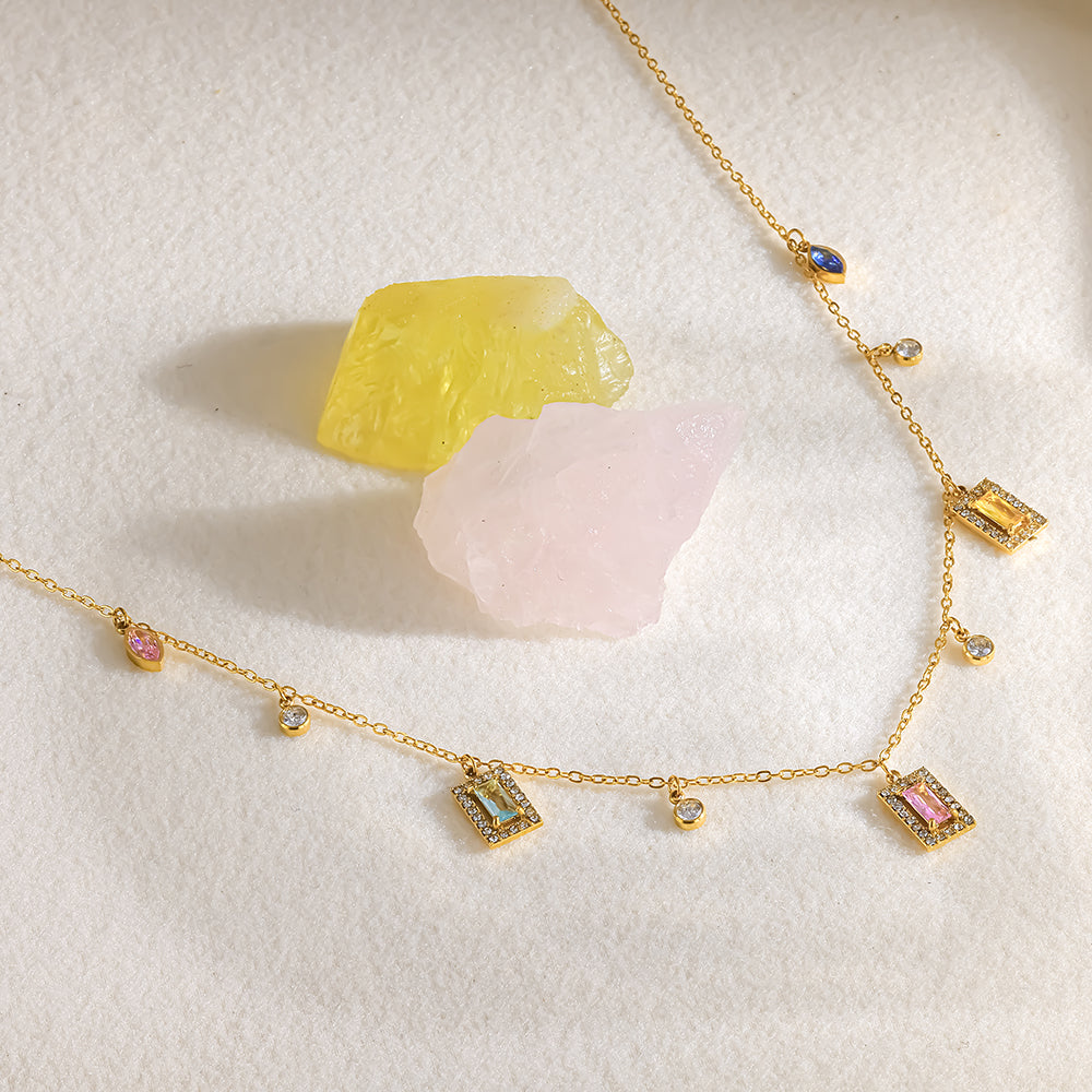 Sweet Geometric Necklace For Women In 304 Stainless Steel With 18K Gold Plated PVD, Zircon Inlay, Cable Chain
