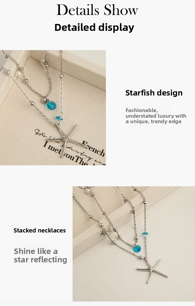 Starfish Double Layer Necklace In Marine Style With Blue Rhinestones, Titanium Steel Pendant Material For Women
