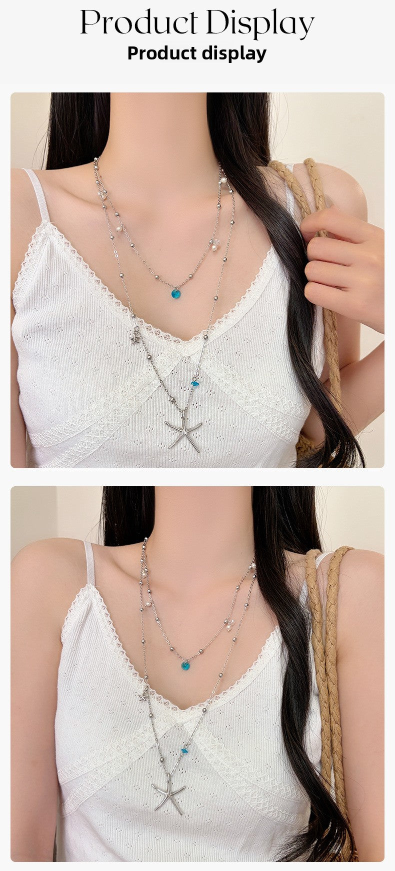 Starfish Double Layer Necklace In Marine Style With Blue Rhinestones, Titanium Steel Pendant Material For Women