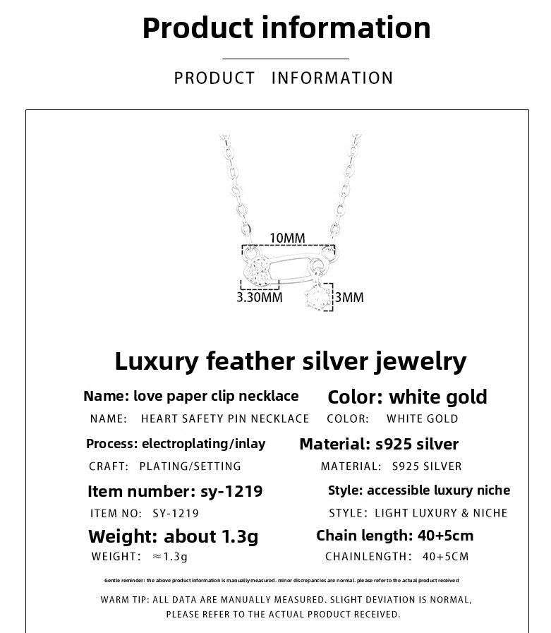 Heart Shape Necklace For Women In Simple Style, 925 Sterling Silver Pendant With Silver Paperclip Chain